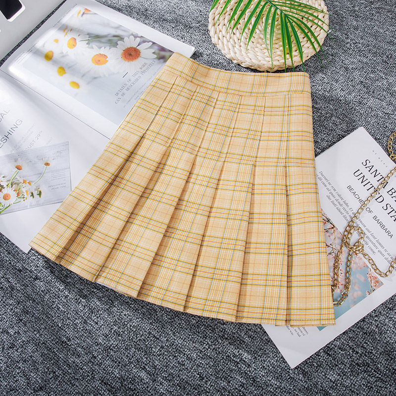 Yellow Women Pleated Skirts Summer A-Line Female Plaid Mini Skirt High Waist Ladies Girls Dance Short Skirt Sweet Woman Skirts alx