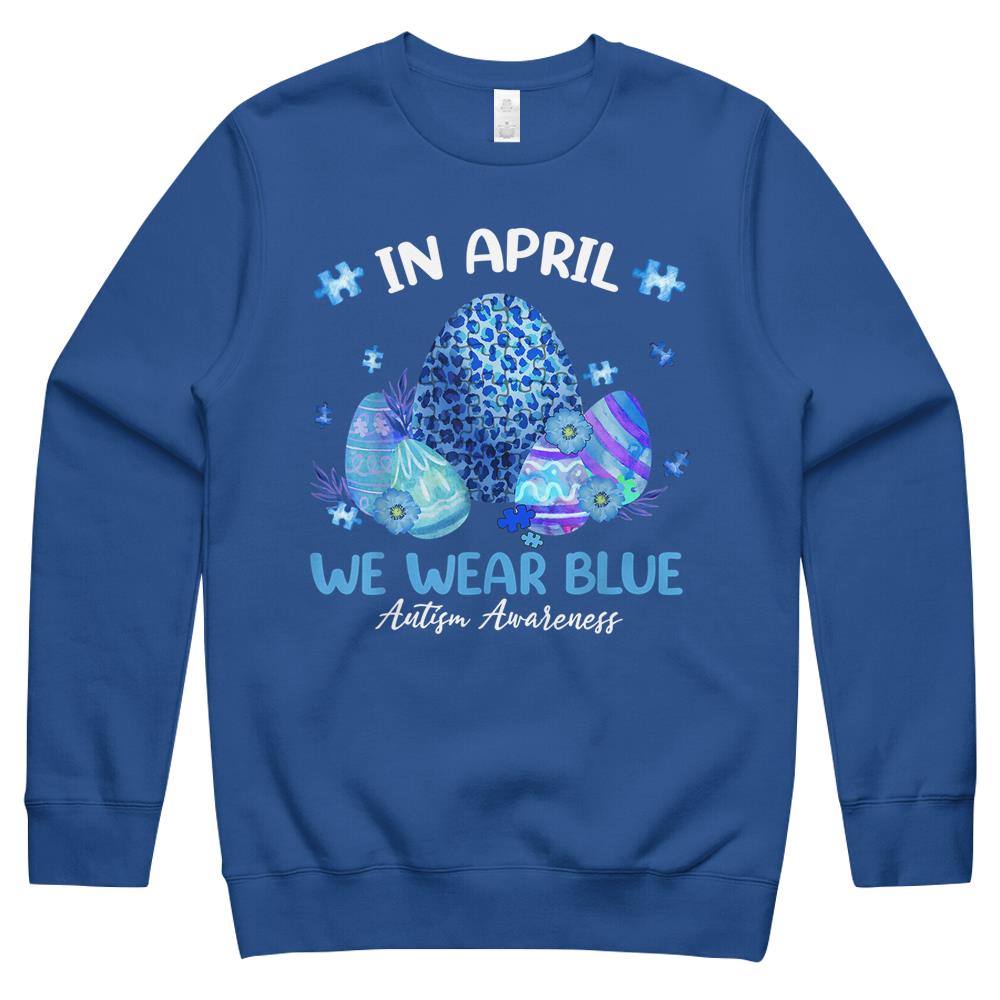 Blue Leopard Eggs Easter In April We Wear Blue Autism Crewneck Sweatshirt