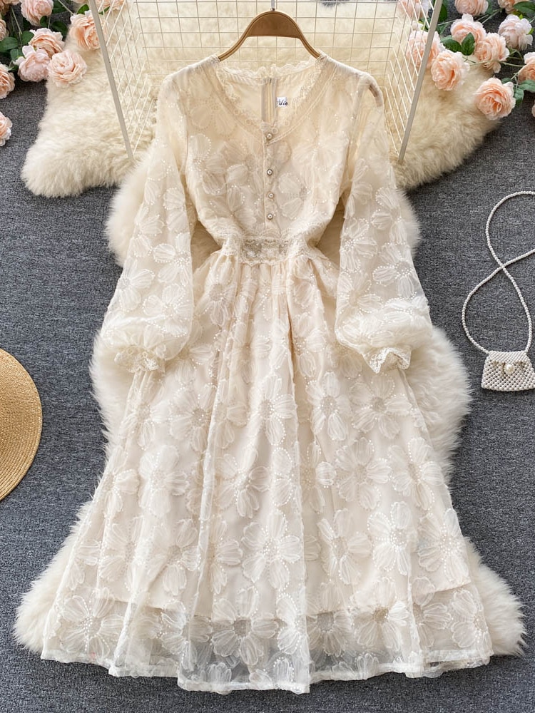 Women Lace Dress Spring Autumn V Neck Fashion Flower Elegant French Dresses Ladies Puff Sleeve A Line Vintage Long Robe alx