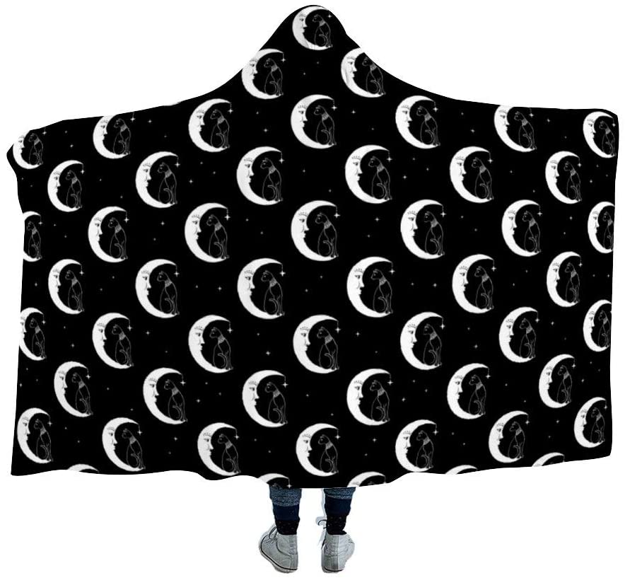 Cat Sitting on Moon Blanket Hoodie Soft Blanket Sweatshirt Throw Microfiber Fleece Comfy Wearable Blanket Sweatshirt with Hood alx