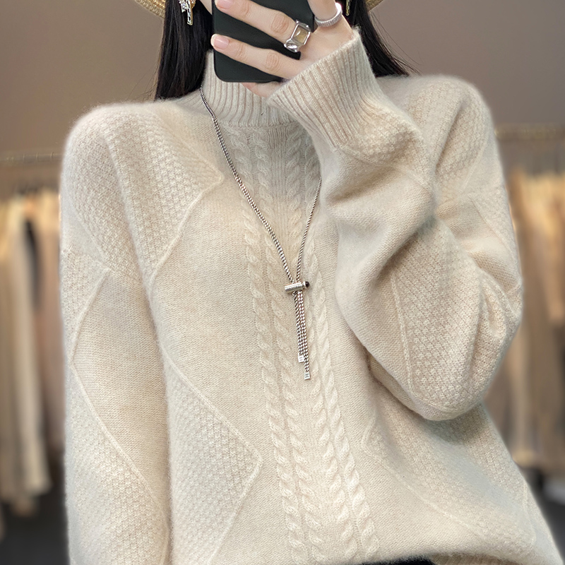 Autumn and Winter Women’s 100% Cashmere Wool Sweater Solid Knitted Loose Heat Keeping Half High Collar Pure Wool Pullover Women’ alx