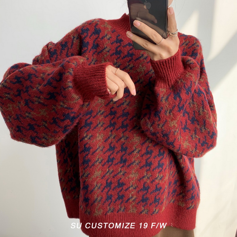 ZOKI Houndstooth Women Pullover Sweater Loose Knitted Vintage Casual O Neck Jumper Winter Red Warm Female Plaid Sweater New alx