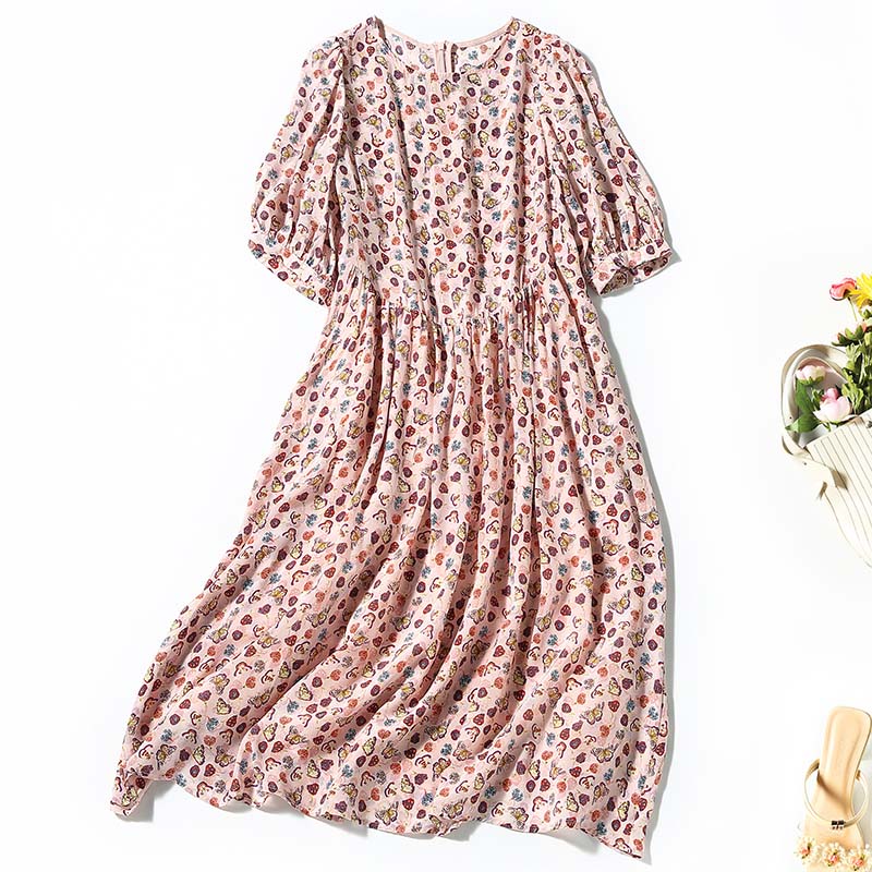 100% Natural Real Silk Women Summer Dresses Pink Elegant O-neck Short Sleeve High Waist Loose Lady A-line Print Dress Casual alx