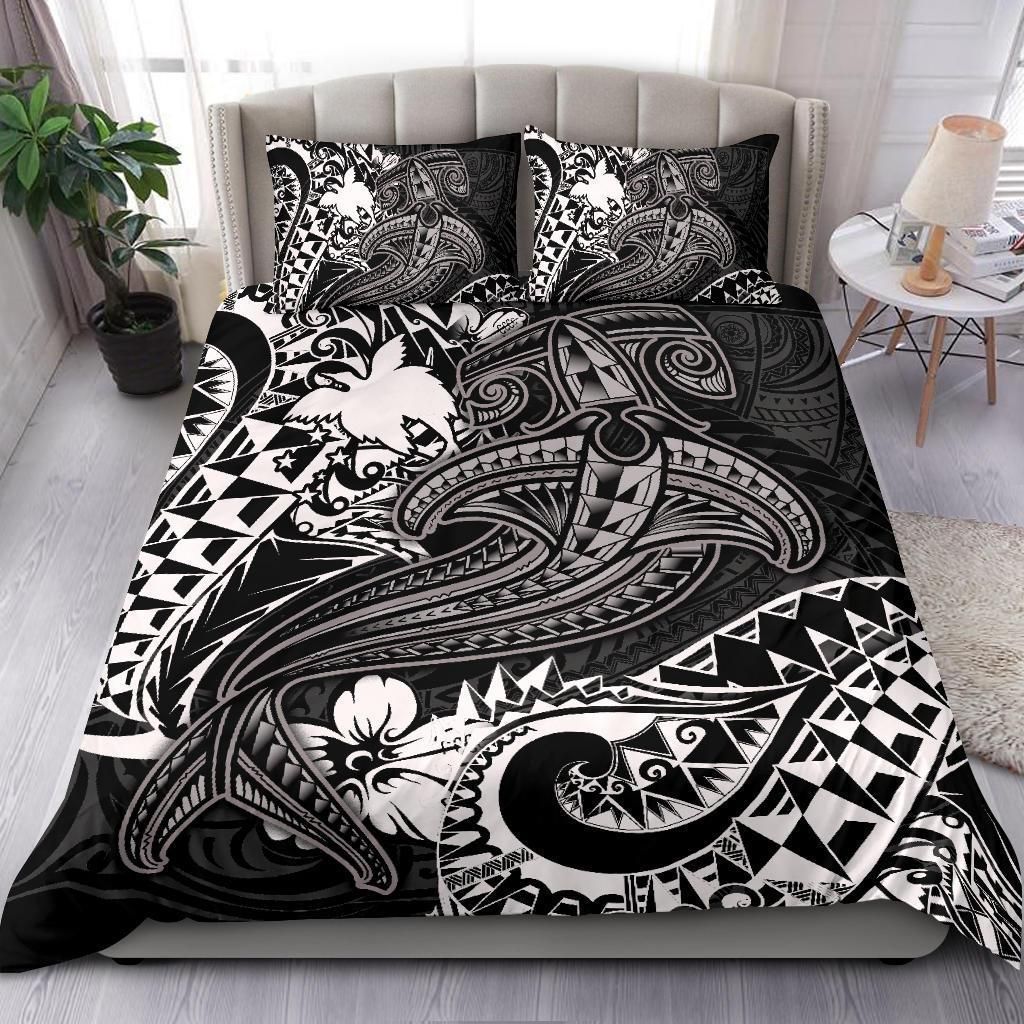 Alohawaii Bedding Set – Cover And Pillow Cases Papua New Guinea – White Shark Polynesian Tattoo – Bn18