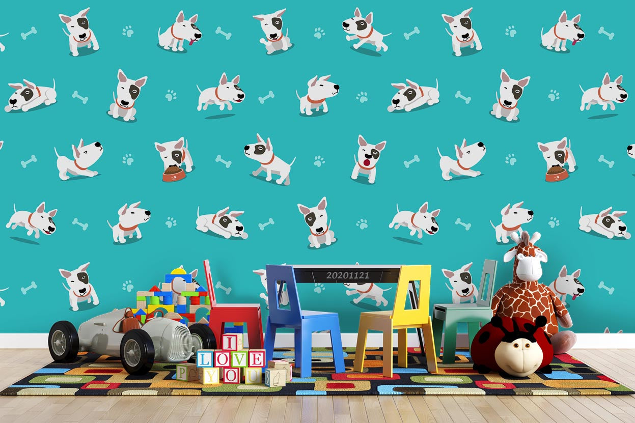 3D Cartoon Hand Drawn Dog Animal Pattern Blue Wall Mural Wallpaper Lxl