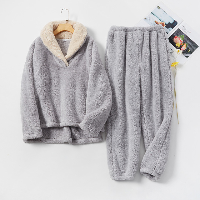 Women’s Fleece Winter Thick Pajamas Set 2 Pcs With Pant Ladies Sleepwear Turn Down Collar Flannel Warm Pijama Suit For Female alx