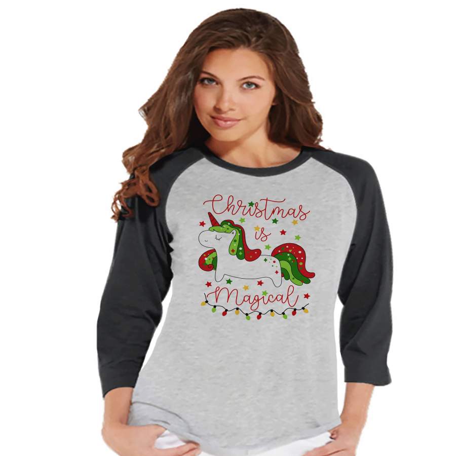 Women’s Unicorn Shirt – Christmas is Magical – Merry Christmas Unicorn T-shirt – Womens Grey Raglan – Xmas Unicorn – Gift for Her – Lights