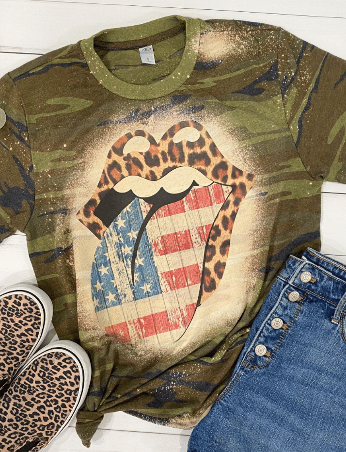 4Th Of July Leopard Lips Usa Camo Tee, Fourth Of July, Independence Day Bleached Tshirt