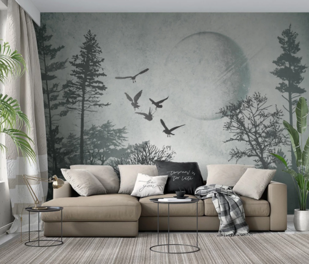 3D Abstract Grey Moon Bird Animal Dark Forest Plant Wall Mural Wallpaper Lxl