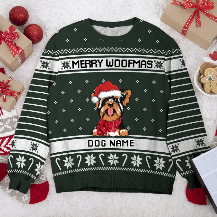 Yorkshire Terrier Merry Woofmas Personalized Sweater, Dog Ugly Christmas Sweater