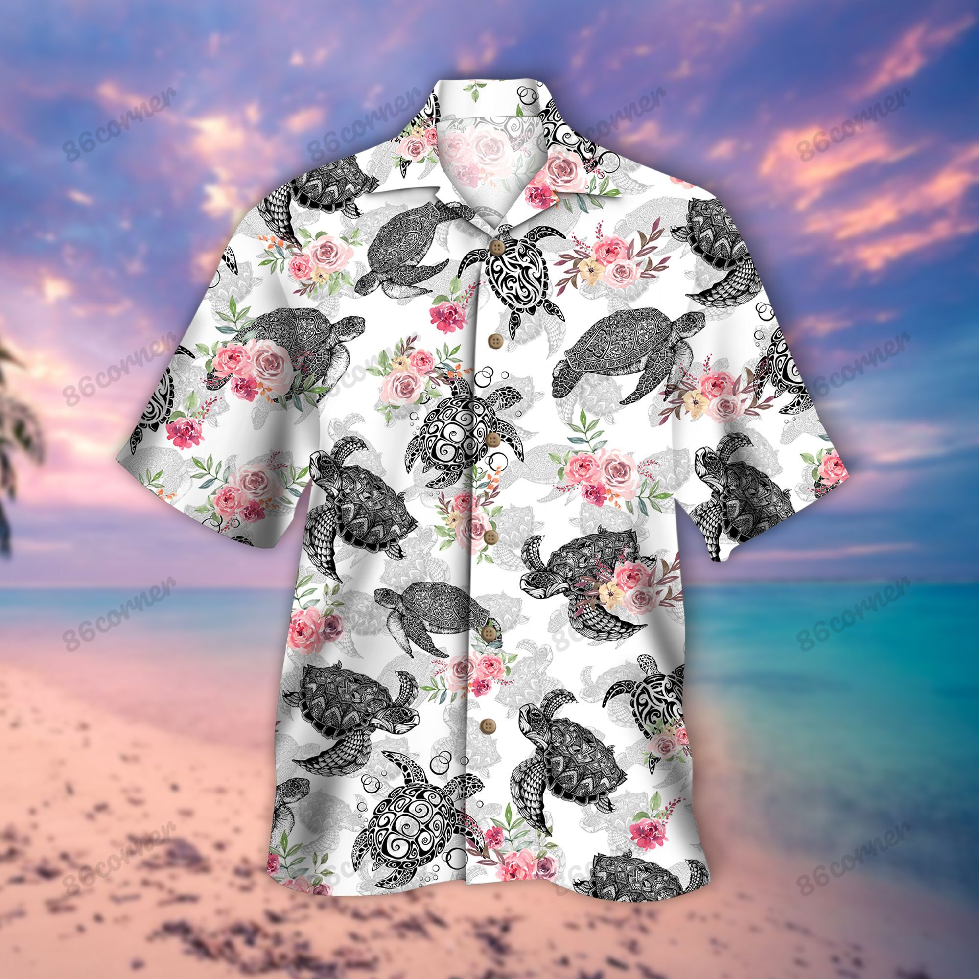 Turtle Pink Flower Hawaiian Shirt And Short Set Ha54725