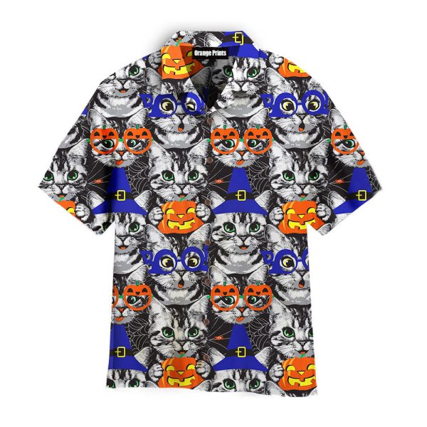 Kittens Face Witch Hat Pumpkin Halloween Pattern Hawaii Shirt For Men Women Ha16407