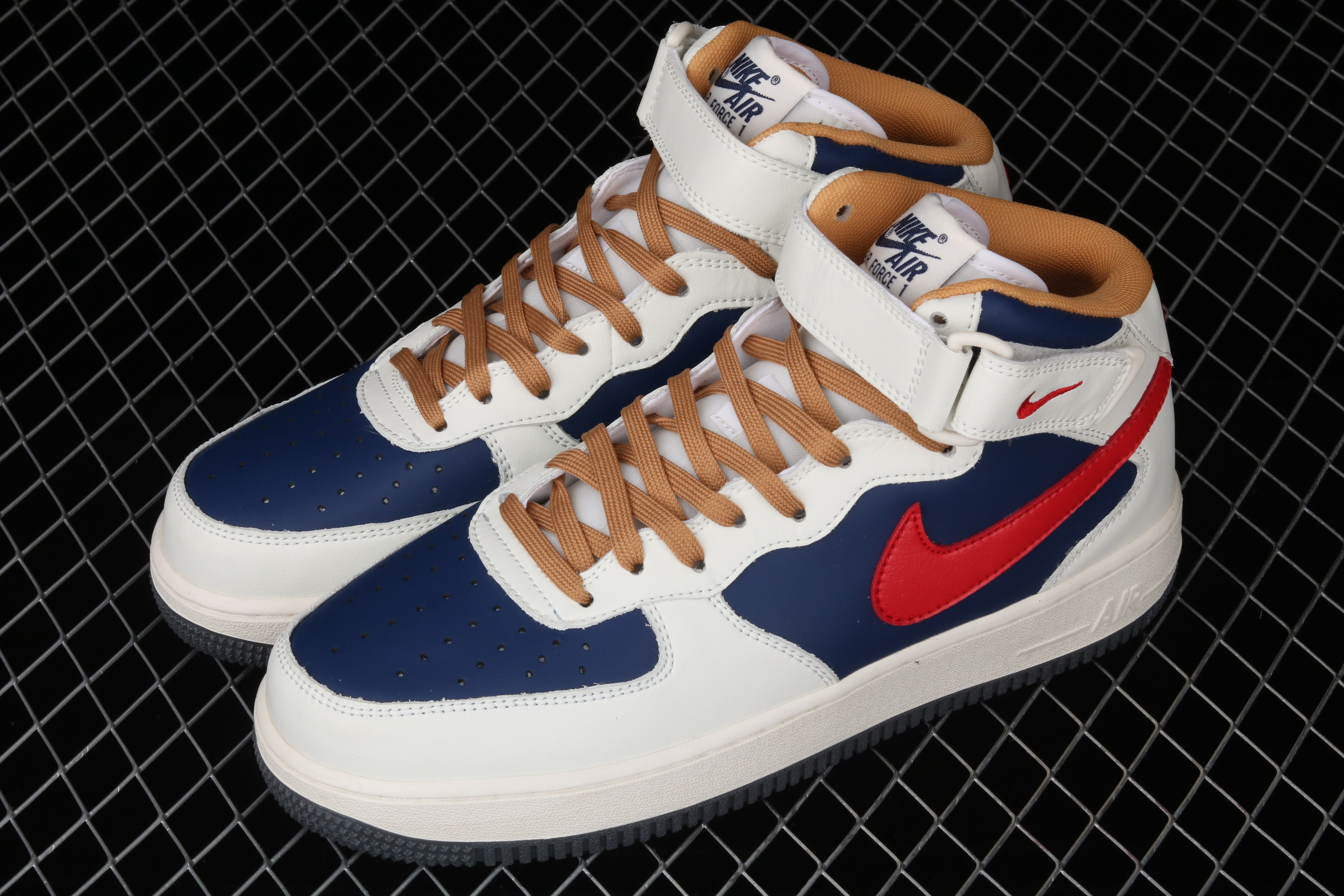 Nike Air Force 1 07 Mid Beige Dark Blue University Red Shoes Sneakers SNK987527732