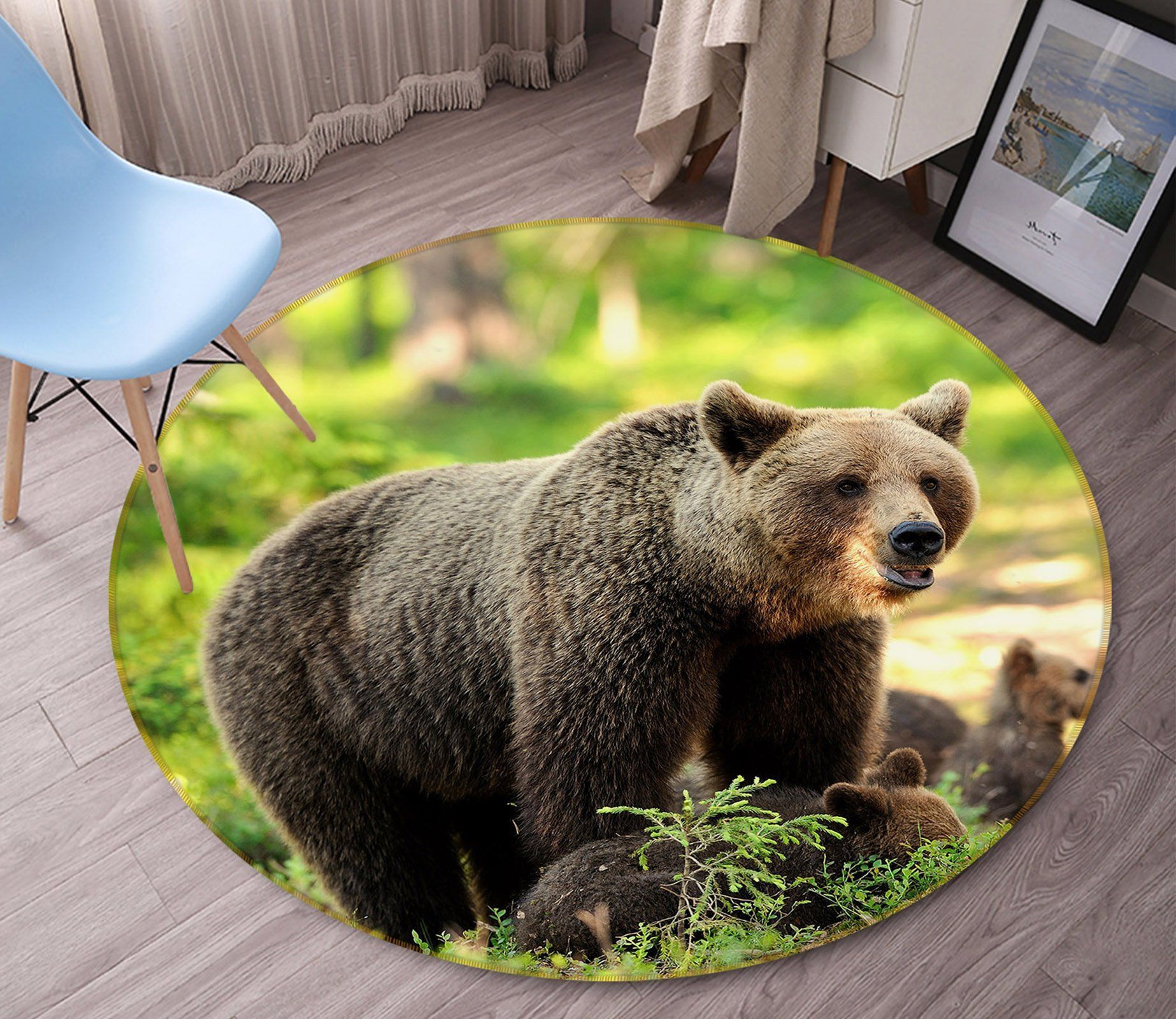 3D Brown Bear Mother And Baby Round Rug – Round Carpet Home Decor