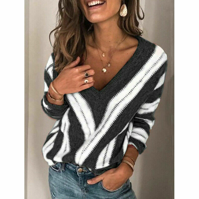 Women’s Autumn Winter Striped Long Sleeve V Neck Knit Sweater Ladies Casual Jumper Loose Pullover Tops Blouse alx