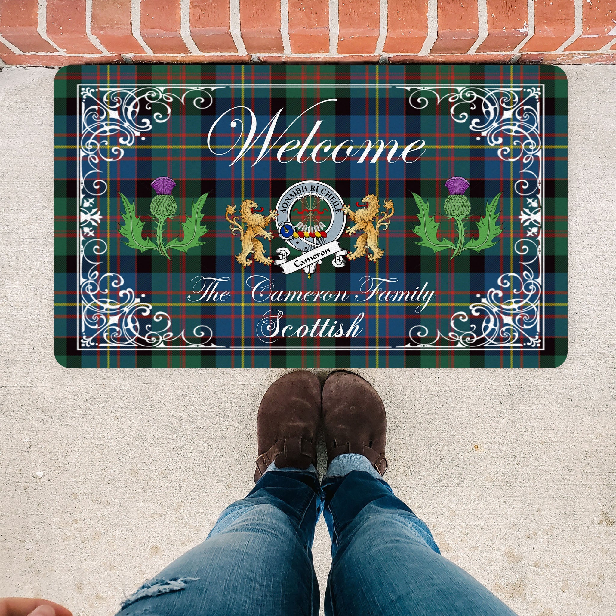 Scotstee Shop Tartan Door Mats Clan Agnew Badge Tartan Thistle And Two Lion Scottish Plaid Doormat, Christmas Door Mat Gift