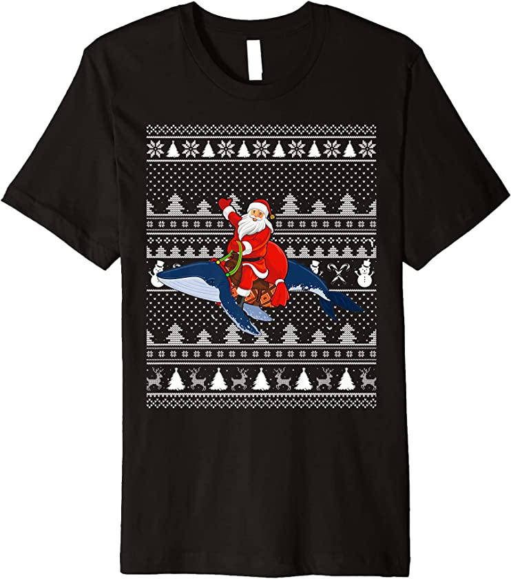 Blue Whale Fish Lover Santa Riding Blue Whale Ugly Christmas Premium T-Shirt