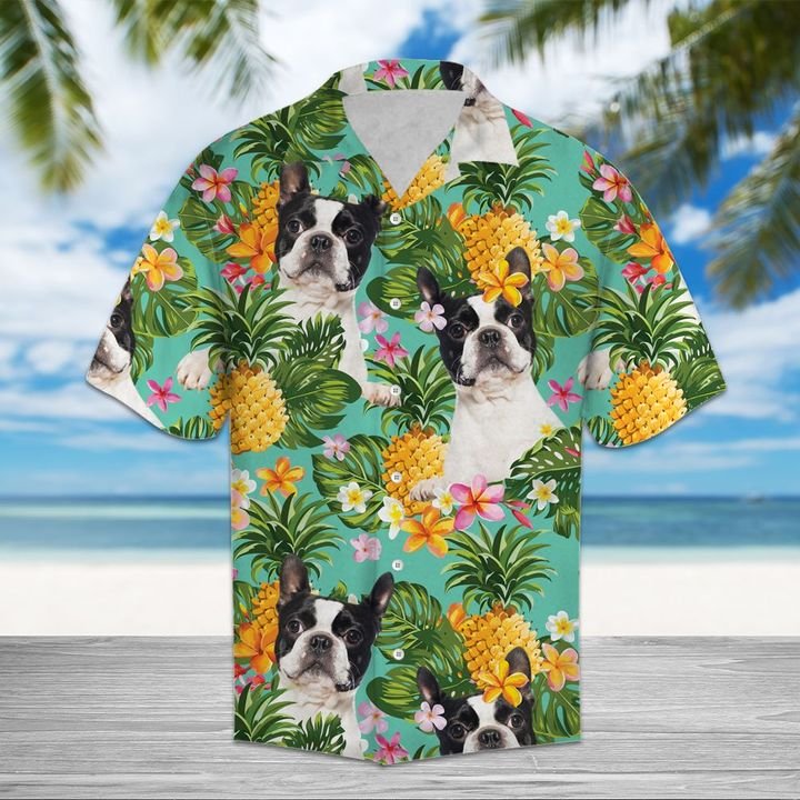 Tropical Pineapple Boston Terrier Hawaiian Shirt Summer Button Up For Men, Women, Couple