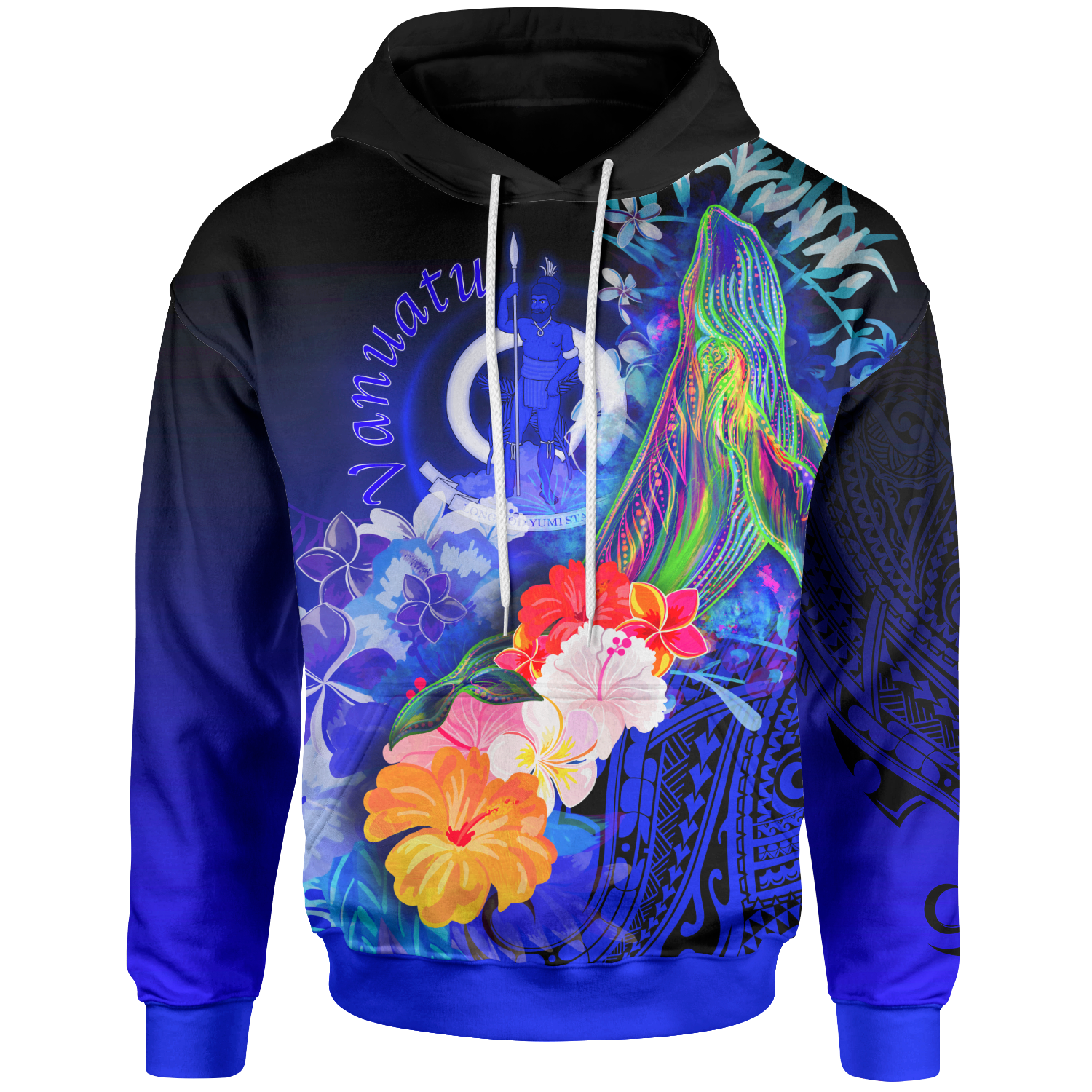 Vanuatu Hoodie – Humpback Whale With Tropical Flowers (Blue)