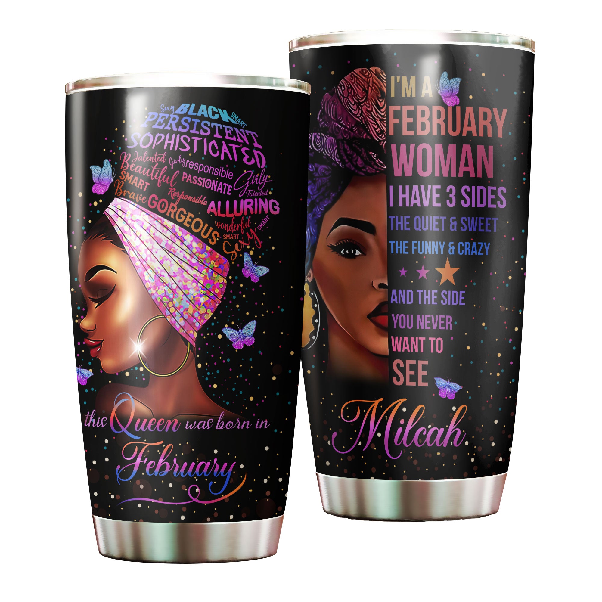 Personalized Black Women February Stainless Steel Tumbler – Double-Walled Insulation Vacumm Flask – Gift For Black Queen, International Women’S Day, Hippie Girls