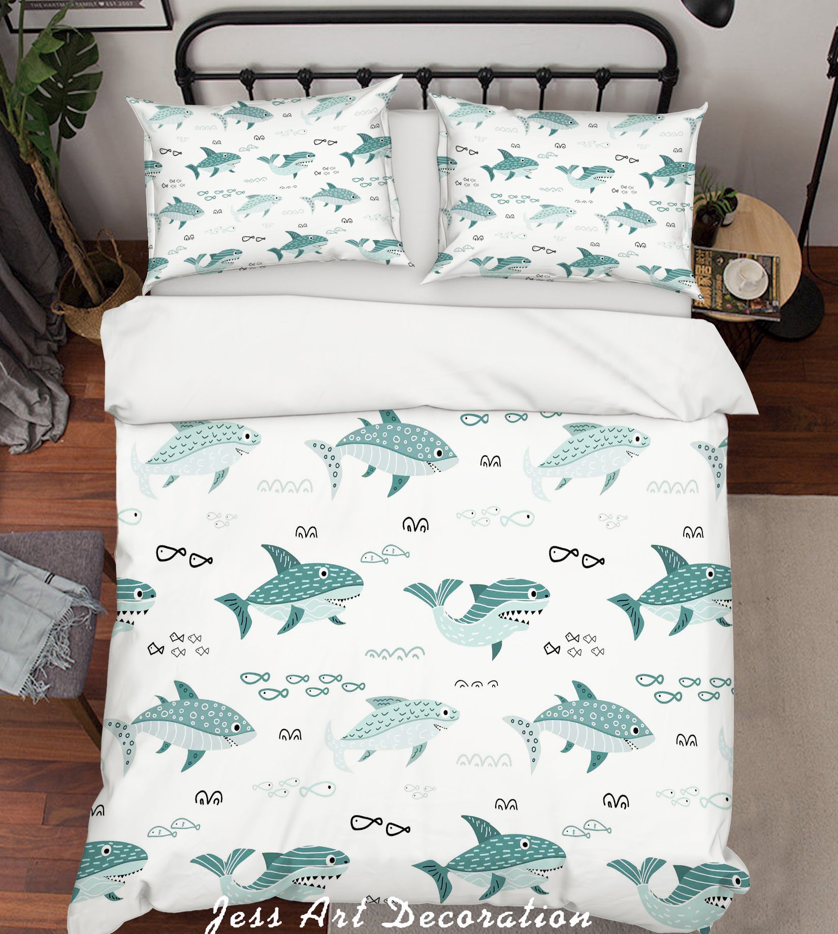 3D Cartoon Green Shark Quilt Cover Set Bedding Set Pillowcases  7