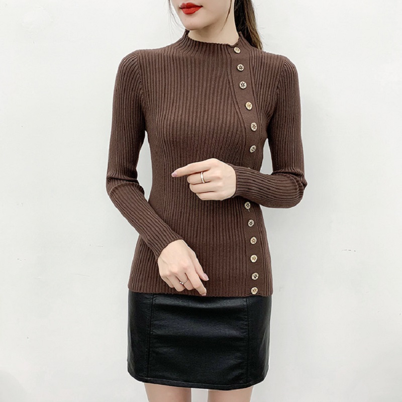 TuangBiang Button Ornament Mock Neck Women Sweaters 2022 Cozy Fashion Autumn Winter Basic Slim Pullover Lady Ribbed Knitted Tops alx