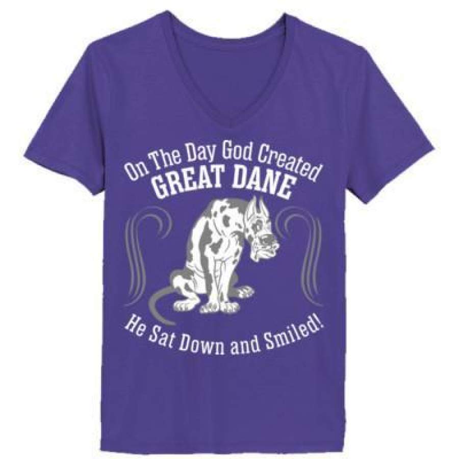 AGR On Day God Created Great Dane Dog Sat Down Smiled – Ladies’ V-Neck T-Shirt