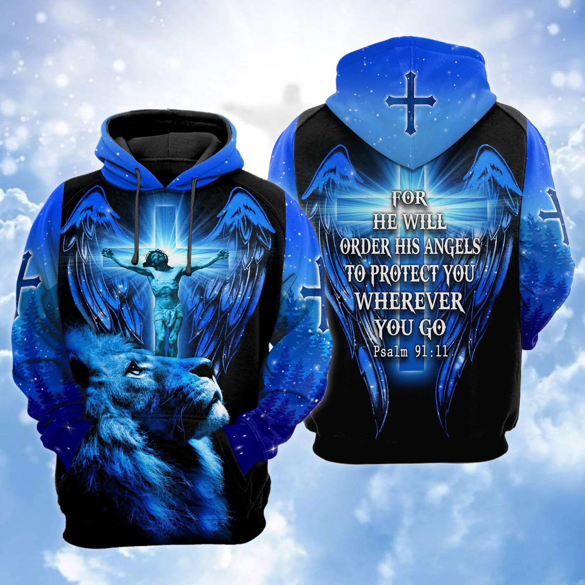 Unifinz Jesus Hoodie For He Will Order His Angels To Protect You Wherever You Go Lion Blue Hoodie Jesus Apparel 2022