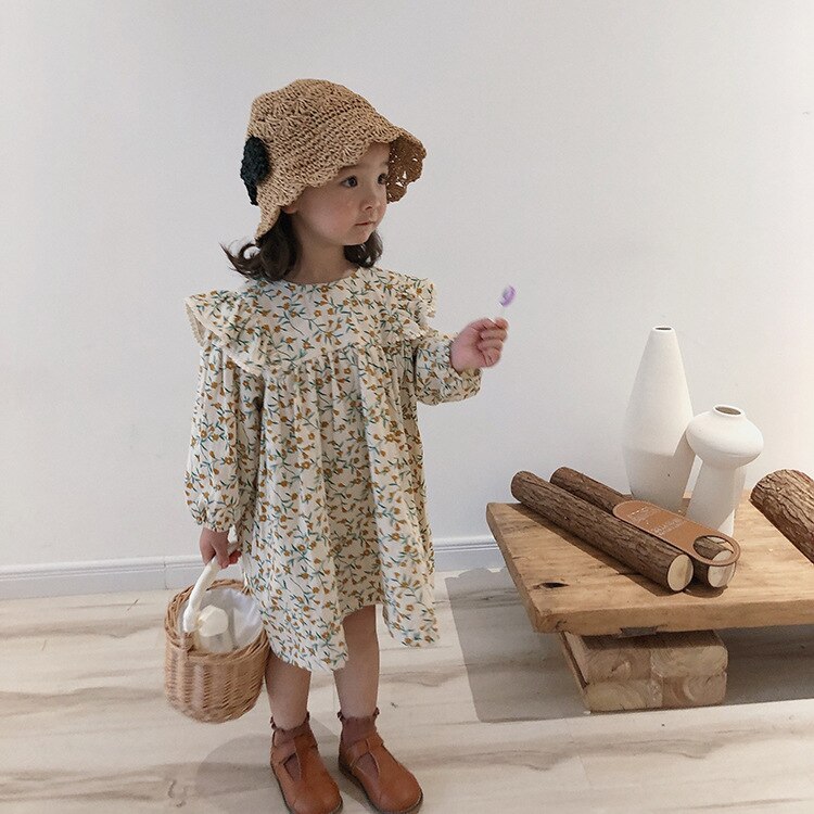 Spring cute girls floral long sleeve princess dress cotton linen loose doll dresses alx