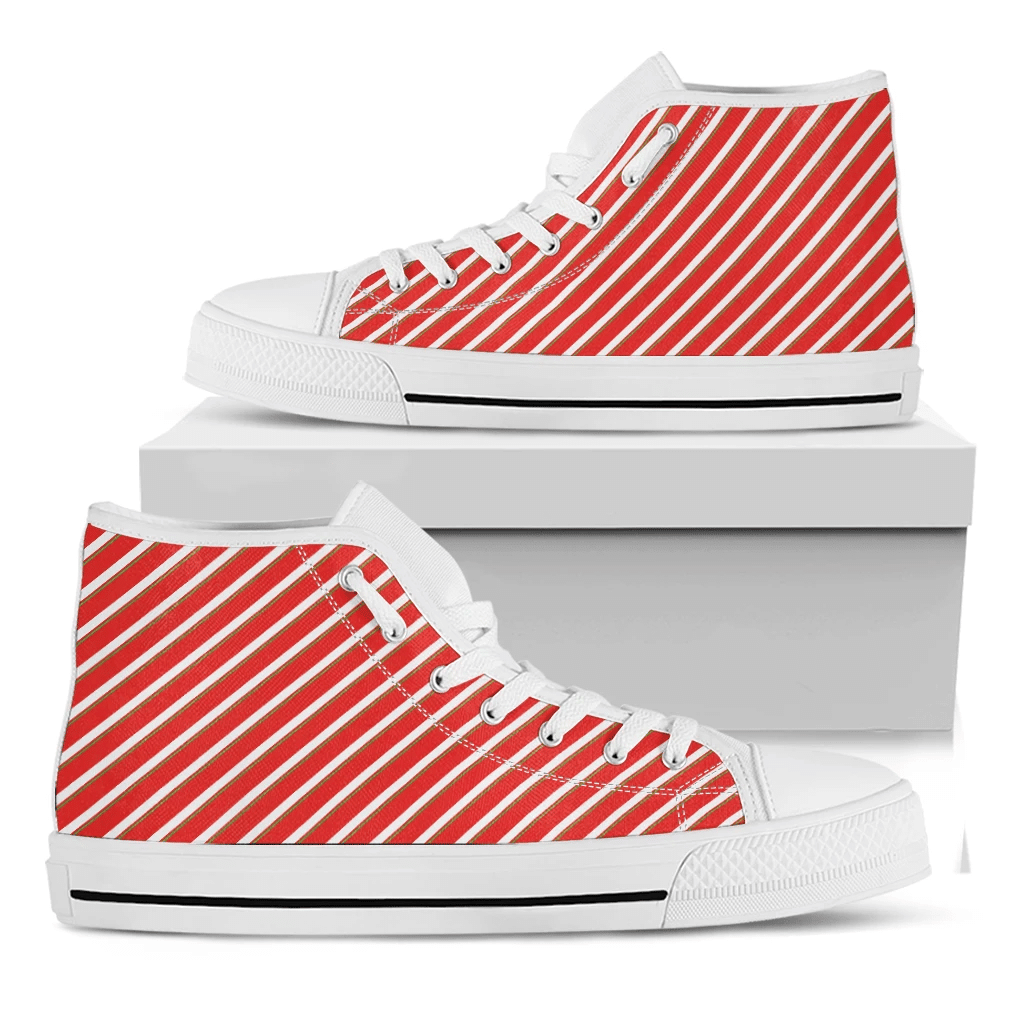 Candy Cane Stripe Pattern Print White High Top Shoes For Men And Women