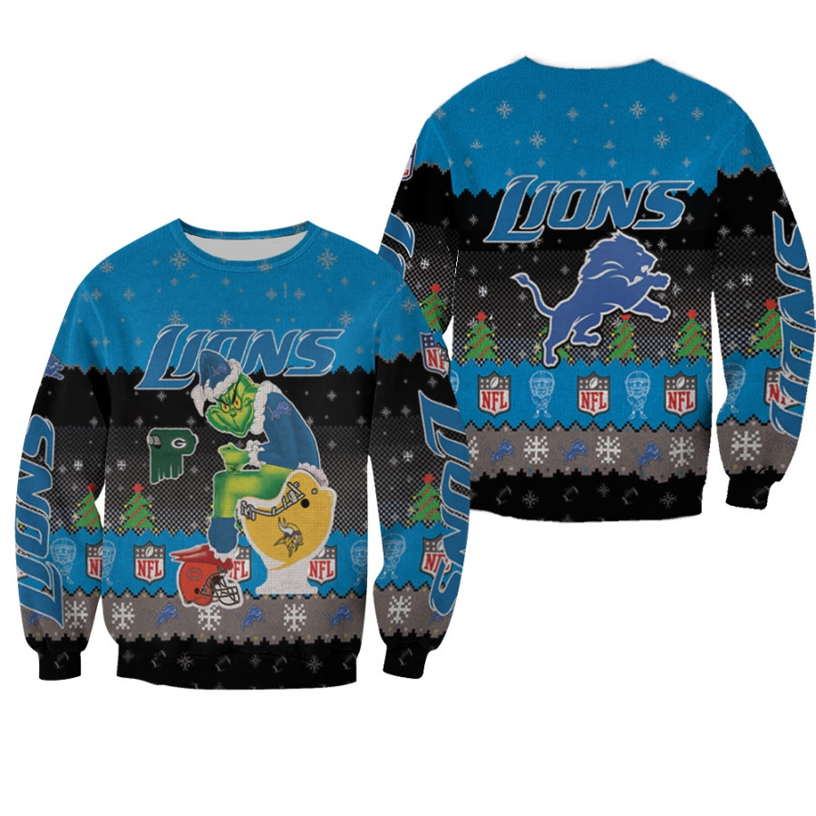 Santa Grinch Detroit Lions Sitting On Vikings Packers Bears Toilet Christmas Gift For Lions Fans Ugly Sweater