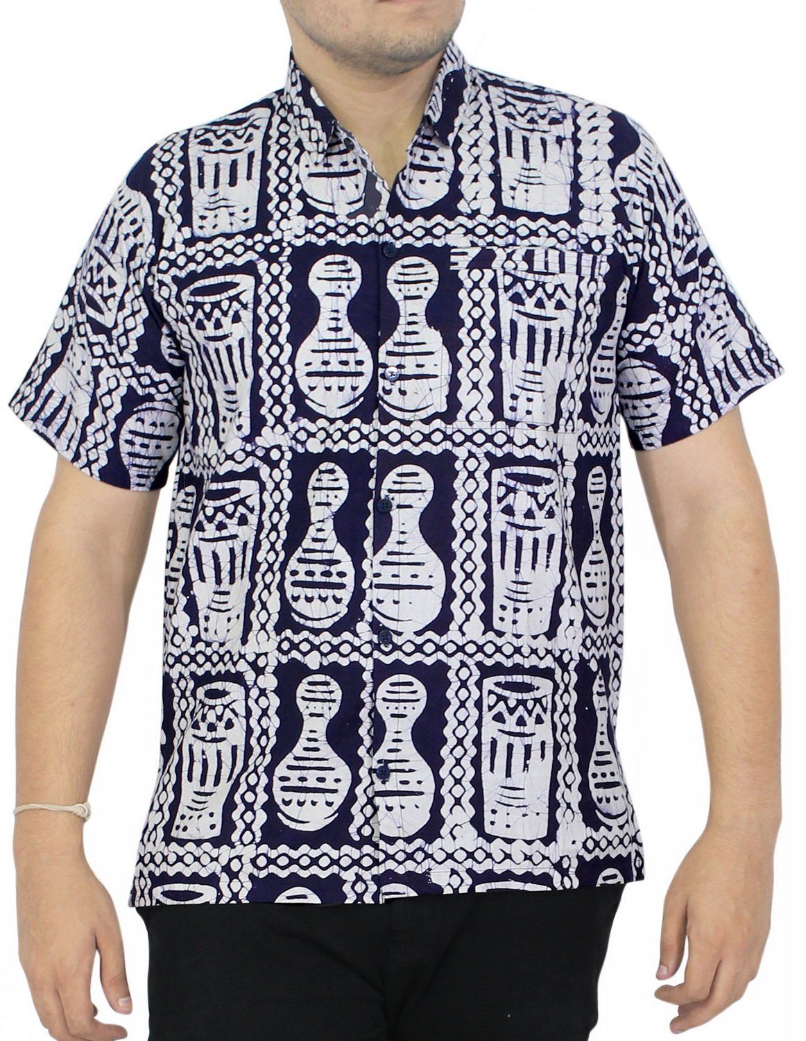 La Leela Men Relaxed Casual Beach Hawaiian Shirt Aloha Tropical Beach Front Short Sleeve Navy Blue