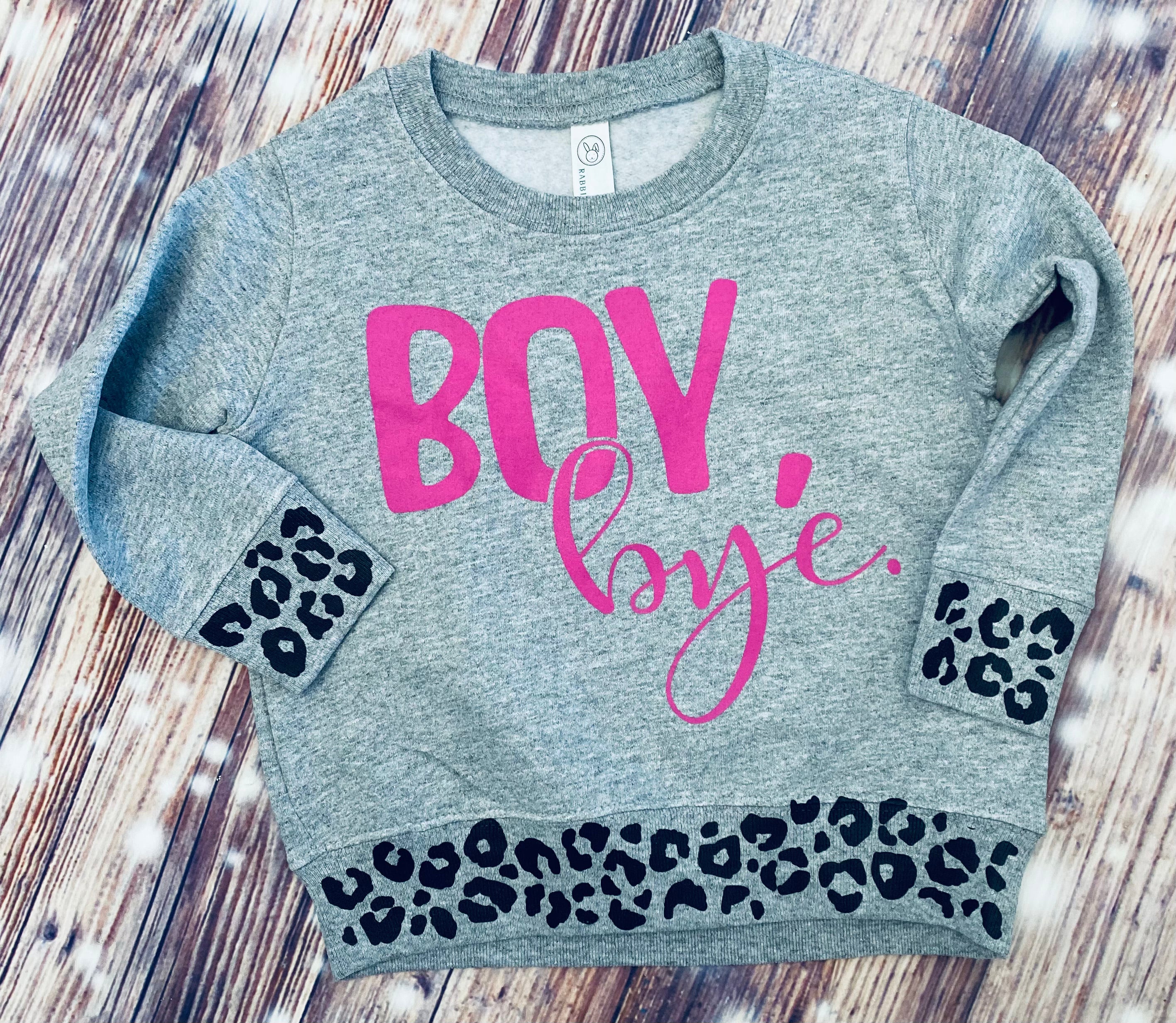 Boy, Bye. Black Leopard Trim. Gray Tee, Crew Sweatshirt, Hoodie