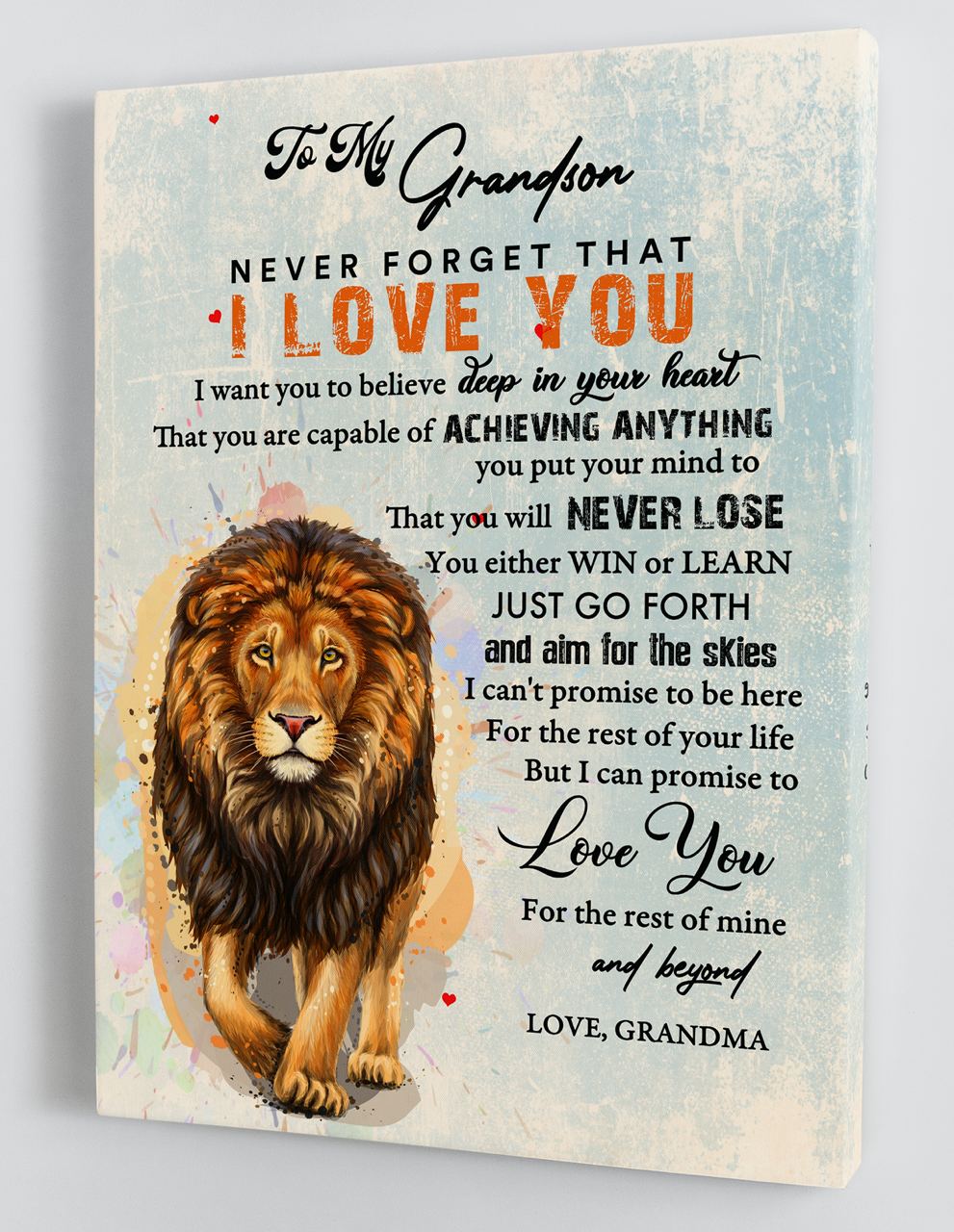 To My Grandson, Never Forget That I Love You, Lion, Blue, Gift For Grandson From Grandma Vertical Canvas