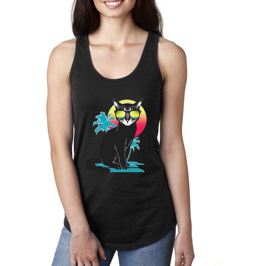 Cool California Beach Kitten Silhouette Sun Cat Cat Lover, Cats,  Ladies Racerback Tank Top