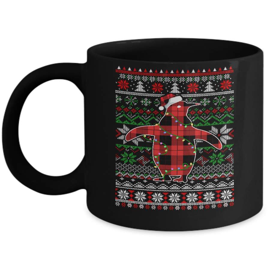 Red Plaid Buffalo Penguin Pajamas Family Christmas Sweater Mug