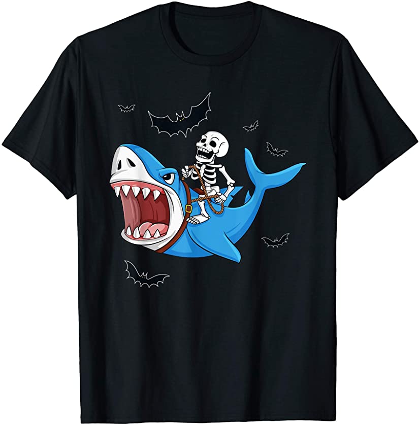 Skeleton Riding Shark Funny Halloween T-Shirt