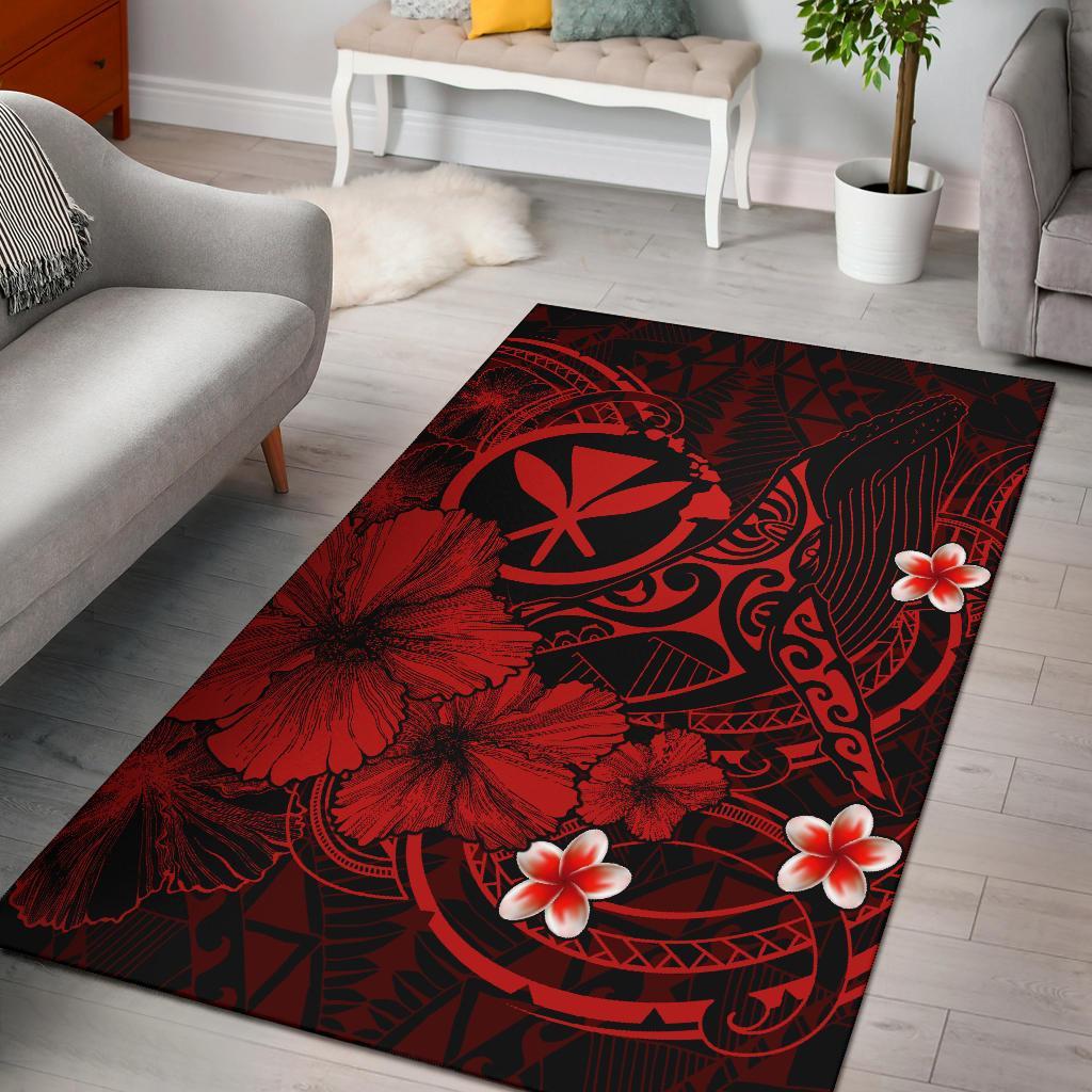 Pacific Hawaii Kanaka Maoli Area Rug – Humpback Whale with Hibiscus (Red) – BN15