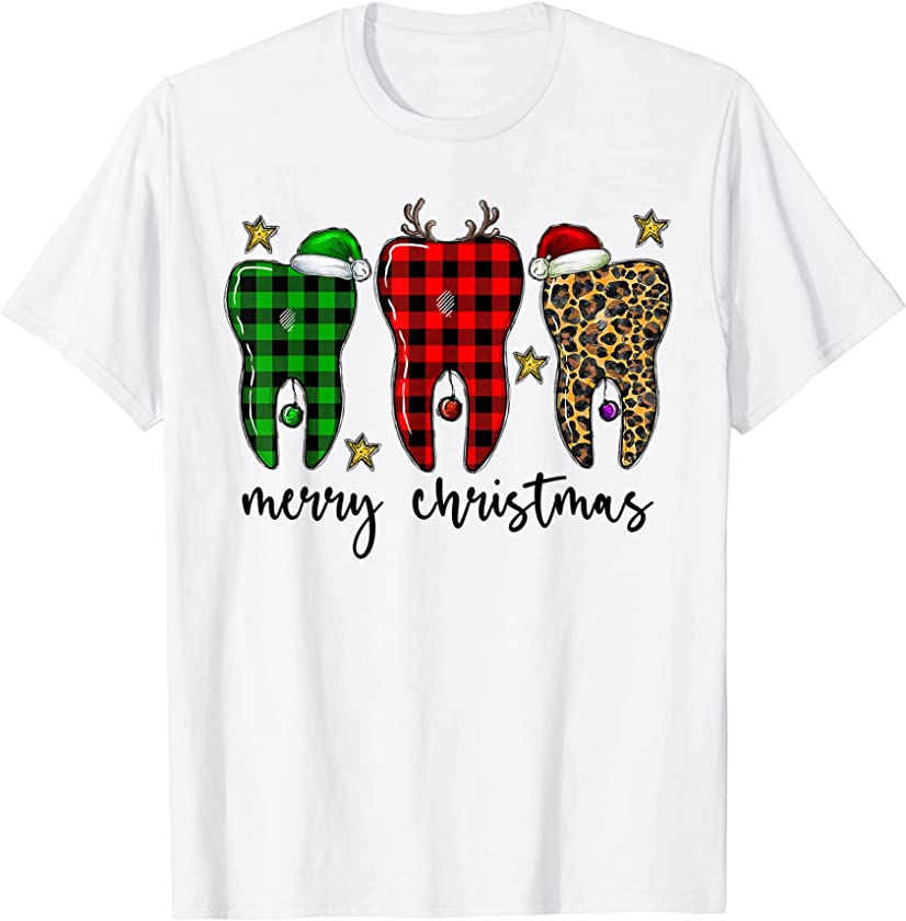 Dental Xmas Shirt Leopard Green Plaid Tooths Dental Squad T-Shirt