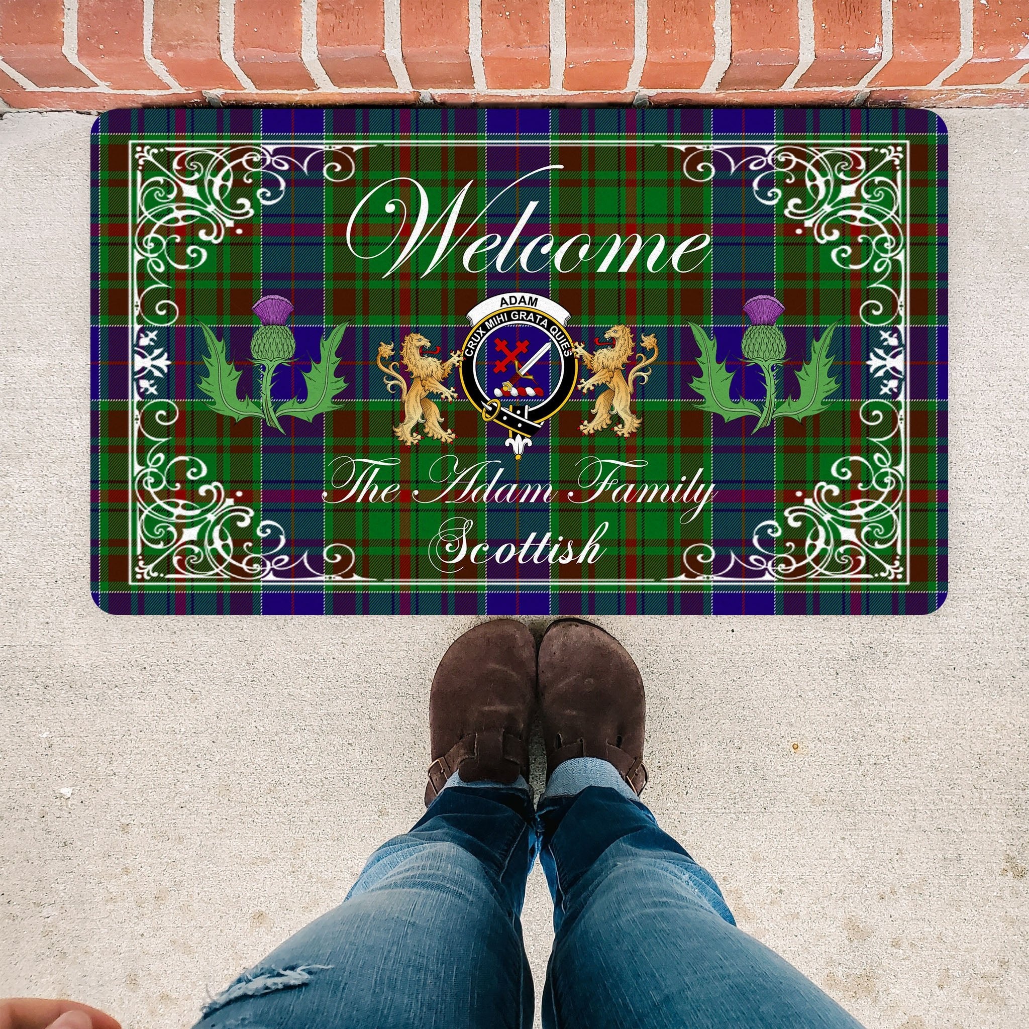 Scotstee Shop Tartan Door Mats Clan Adam Hunting Badge Tartan Thistle And Two Lion Scottish Plaid Doormat, Christmas Door Mat Gift