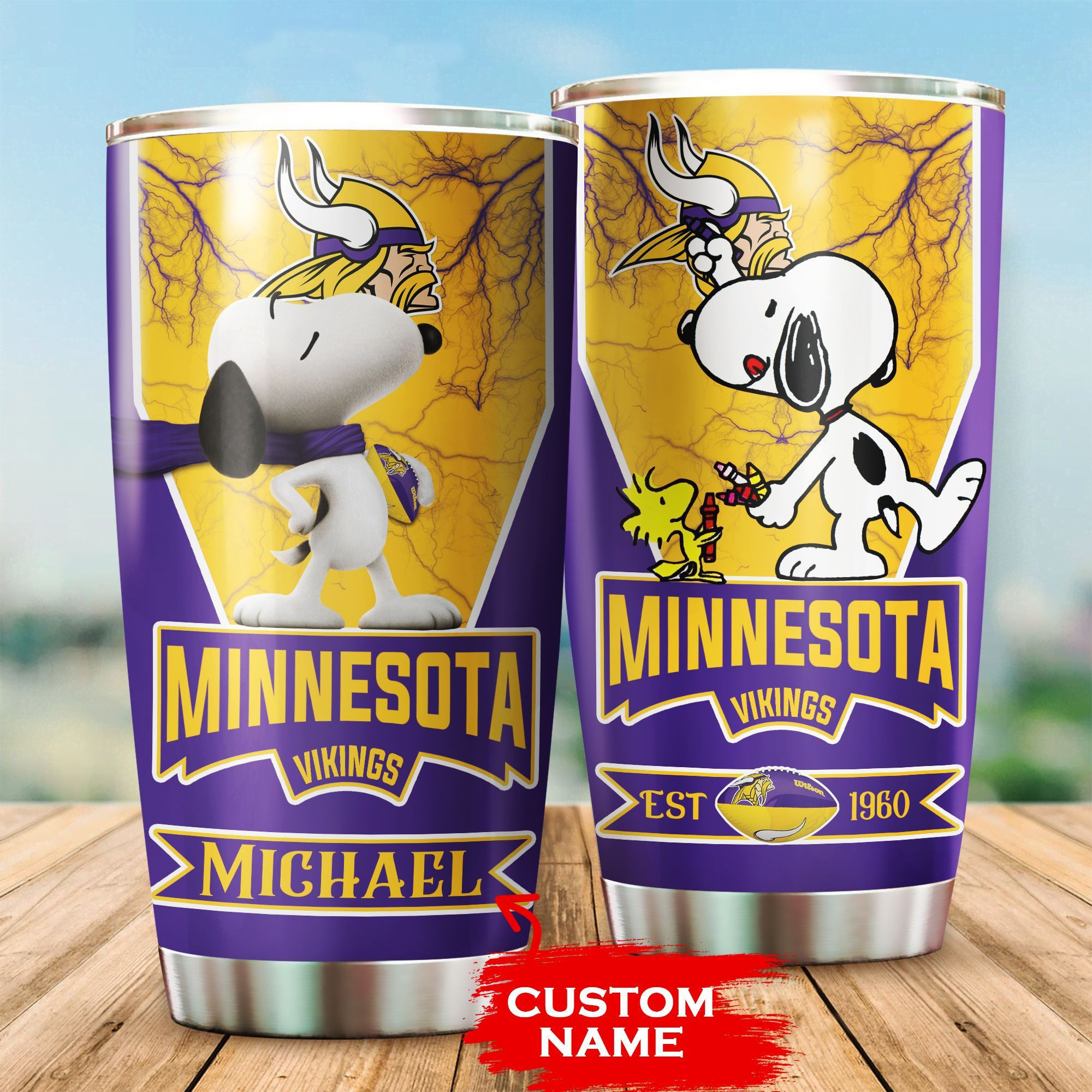 Personalized Minnesota Vikings Snoopy All Over Print 3D Tumbler – Purple Yellow-Tph