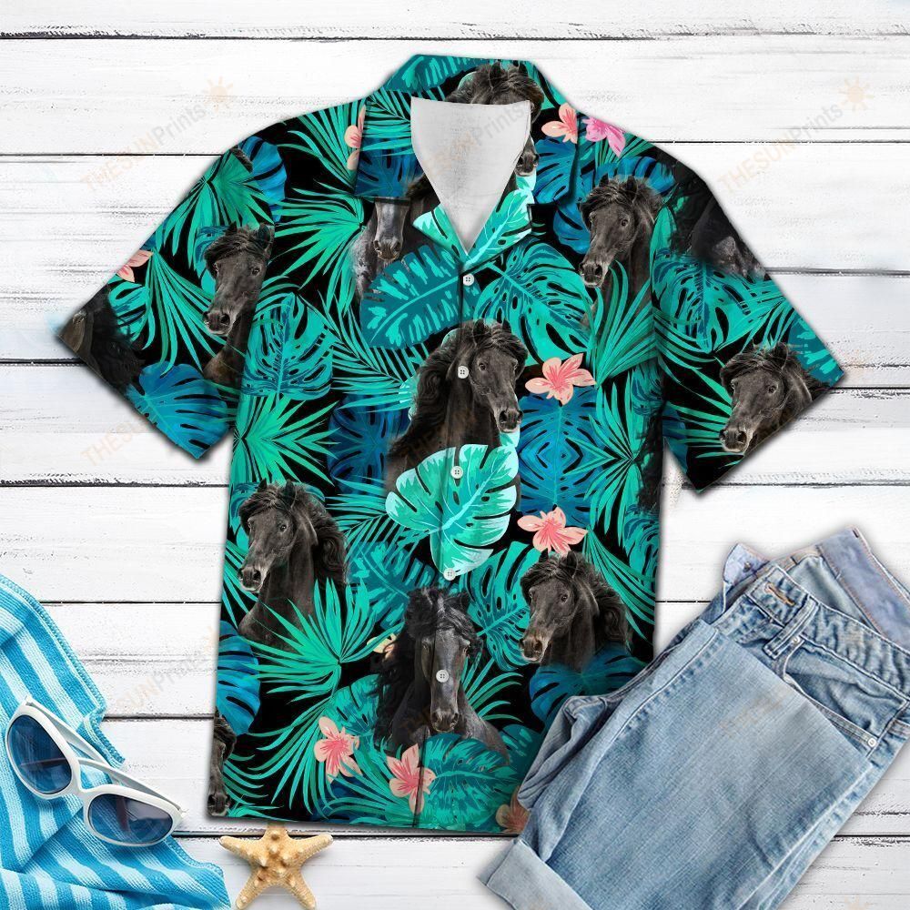 Friesian Horse Green Tropical Hawaiian Shirt Ha45445