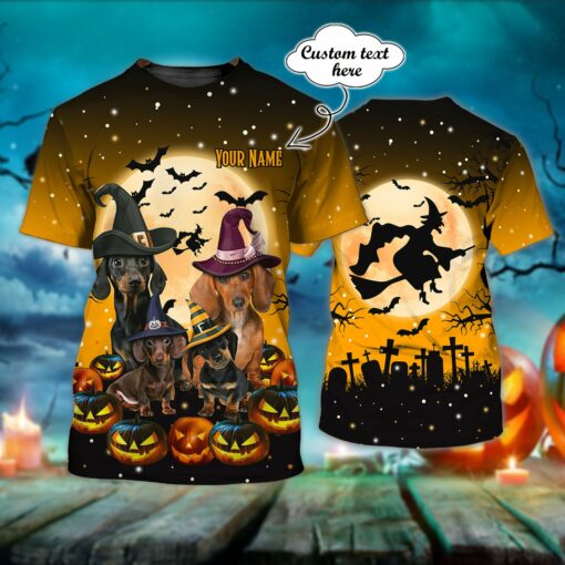 Custom Happy Halloween Dachshund Halloween Personalized Name 3D All Over Printed T-Shirt For Men And Women, Happy Halloween Day