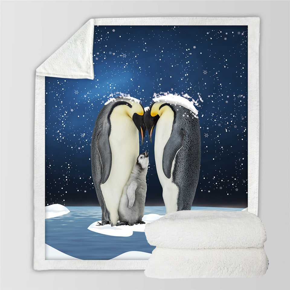 Snowing Penguin Family Soft Sherpa Fleece Blanket