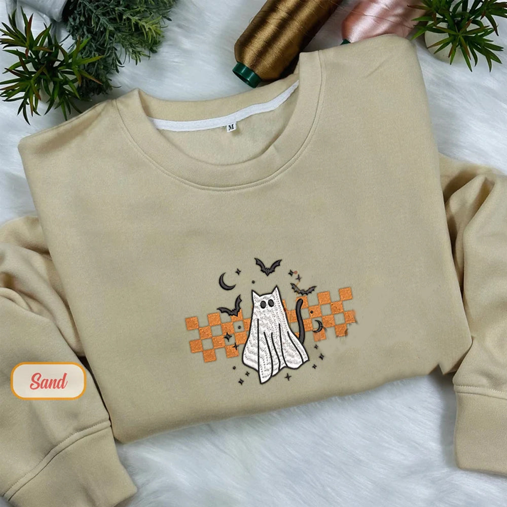 Black Cat, Ghost With Pumpkin Halloween Embroidered Sweatshirt 2D Crewneck Sweatshirt All Over Print Sweatshirt For Women Sweatshirt For Men Sws4369