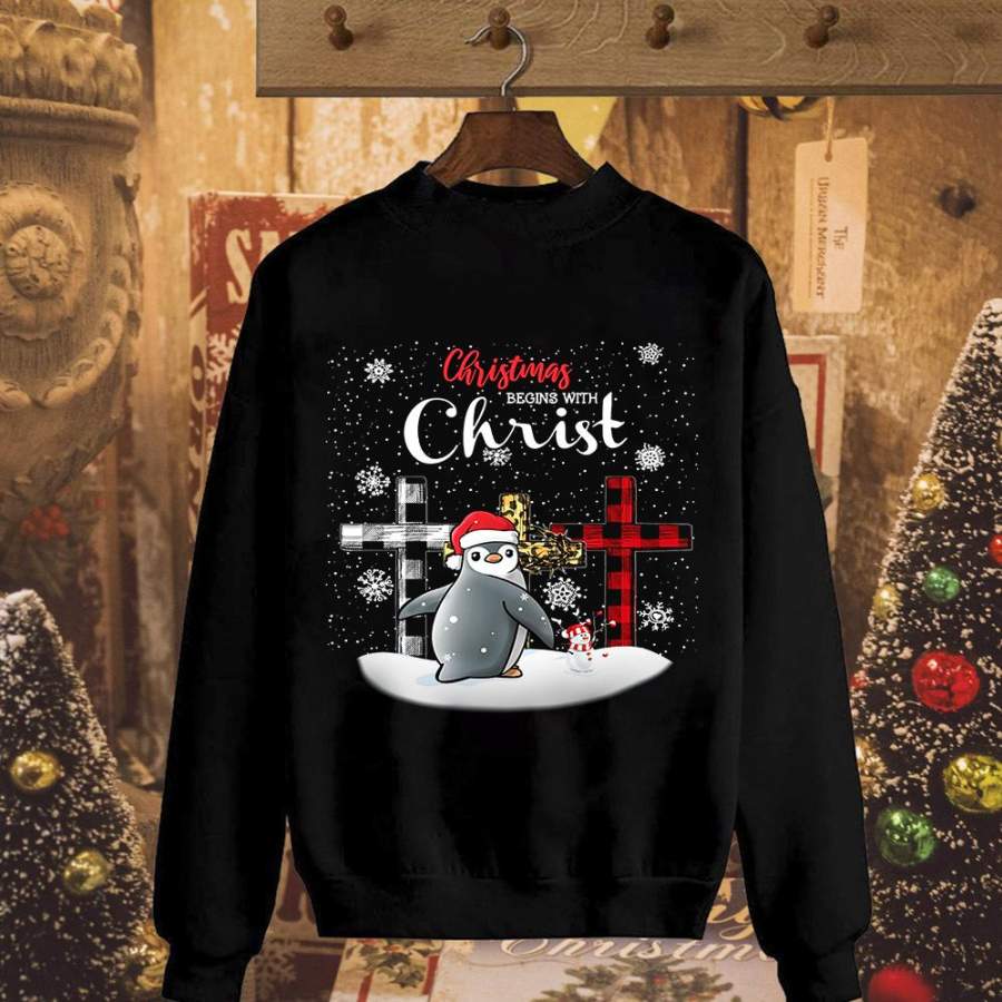 Penguins santa christmas begins with christ buffalo plaid across snow winter black sweatshirt for men and women S-5XL