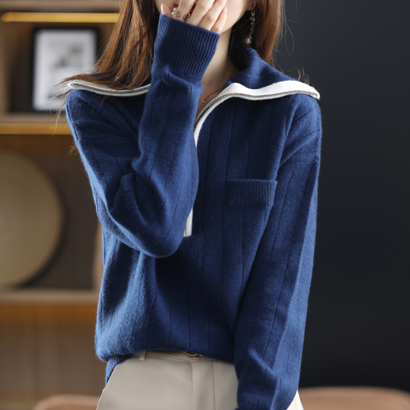 Autumn and winter new cashmere sweater ladies POLO collar long-sleeved sweater Korean version loose pure wool knitted pullover alx