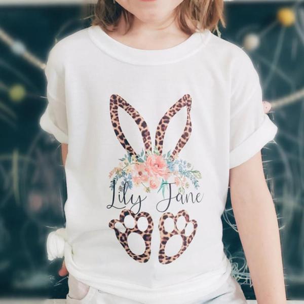 Personalized Leopard Bunny Ears Baby Name Easter Shirt Gst