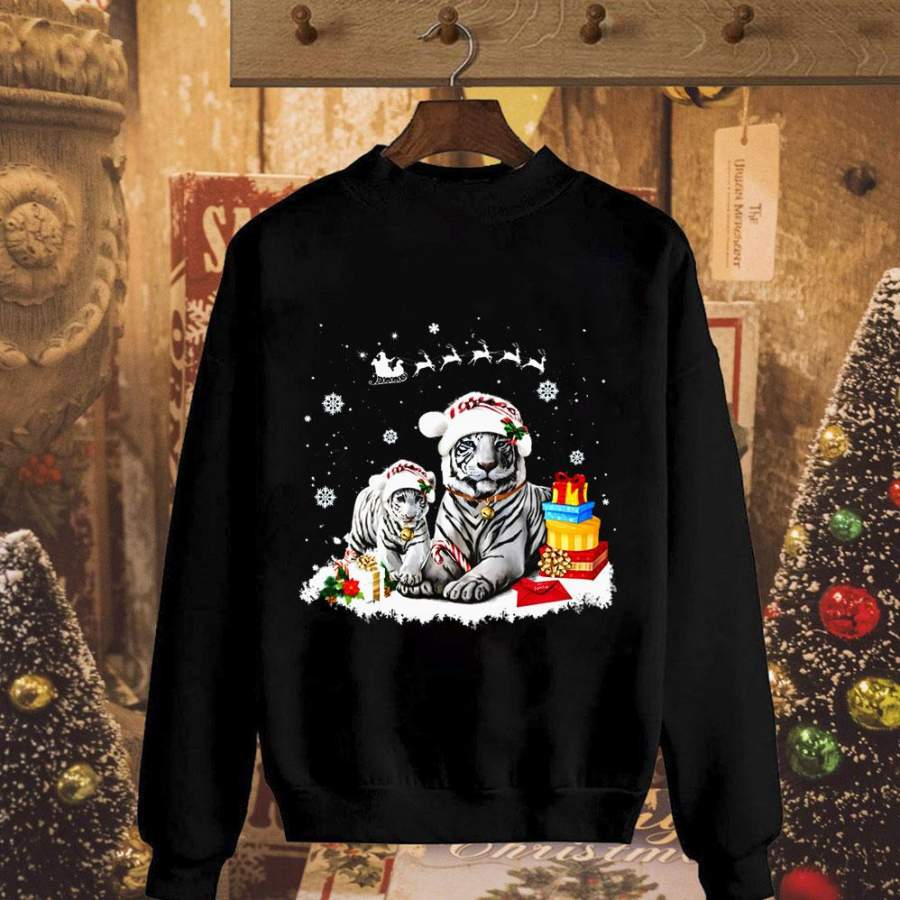 Christmas white tiger gifts snow candy cane hat winter season black sweatshirt for men and women S-5XL