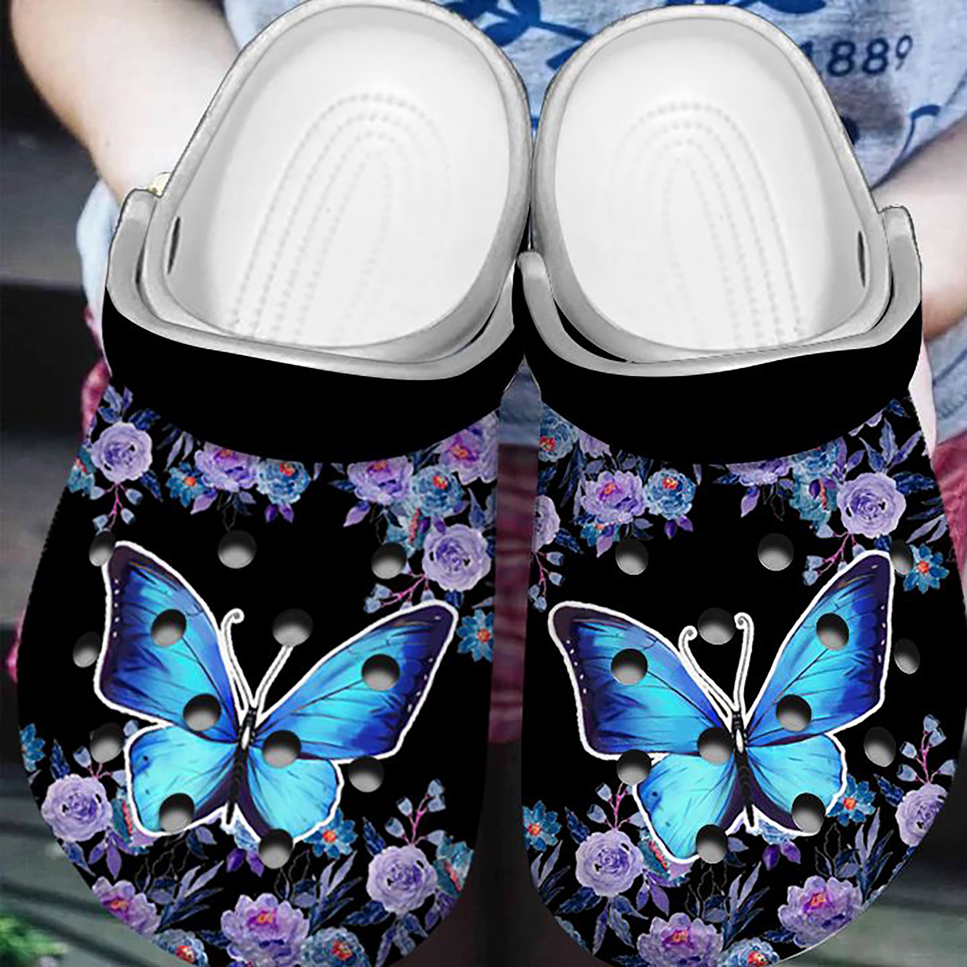 Butterfly Personalized Clog, Custom Name, Text, Color, Number Fashion Style For Women, Men, Kid, Print 3D Blue Flowers & Butterfly